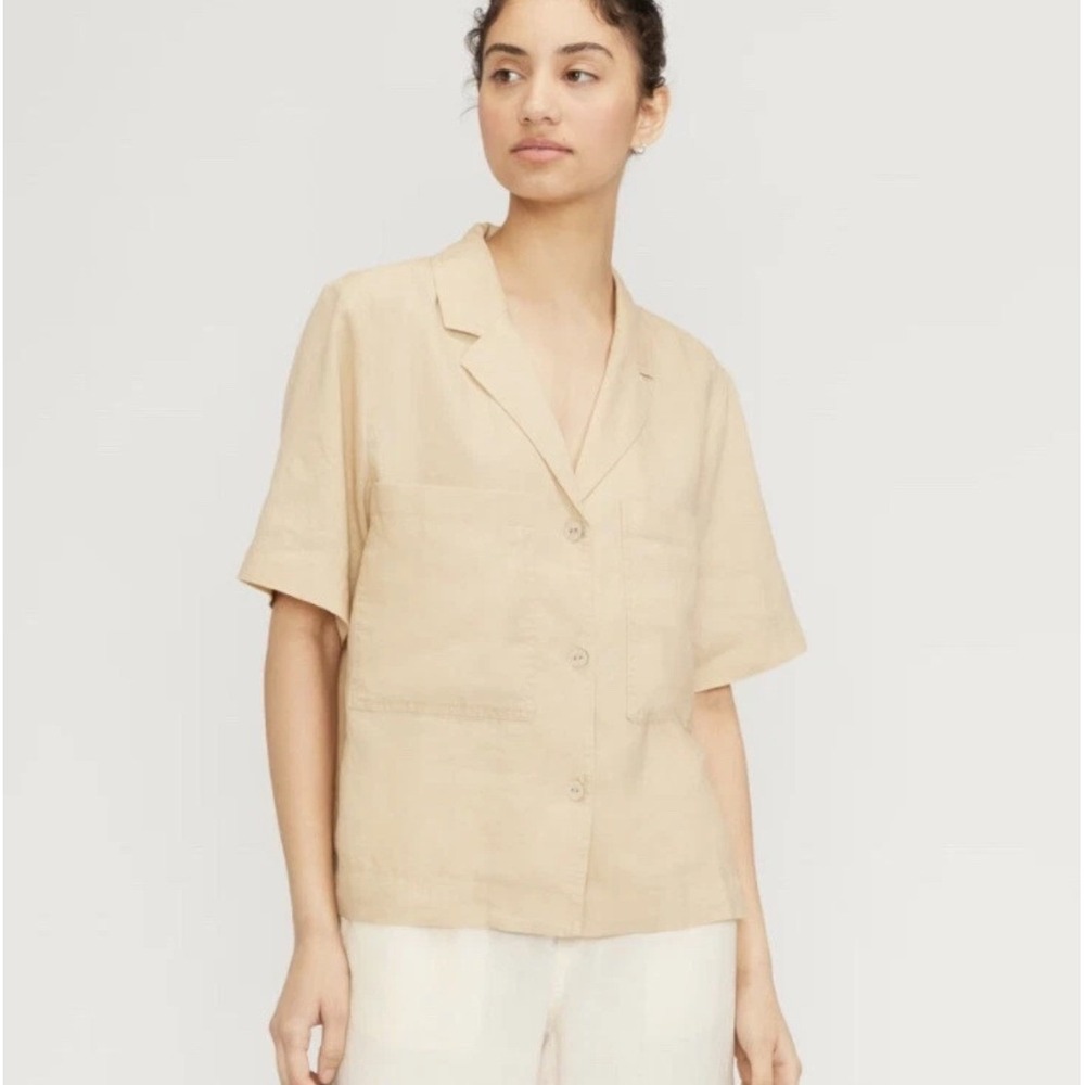 Everlane Womens Beige 100% Linen Short Sleeve Button Up Pocket Shirt Size Medium